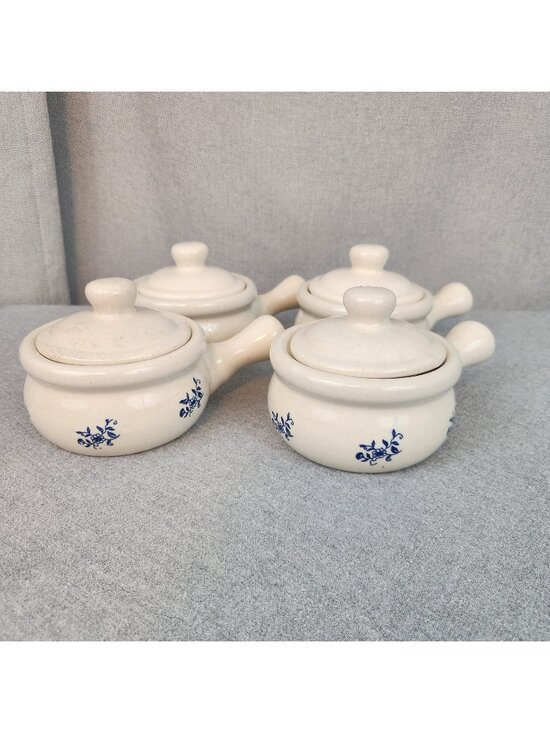 Unmarked Other - Vintage Glazed Stoneware Lot 4 Handle Crocks Beige Blue Floral French Onion USED